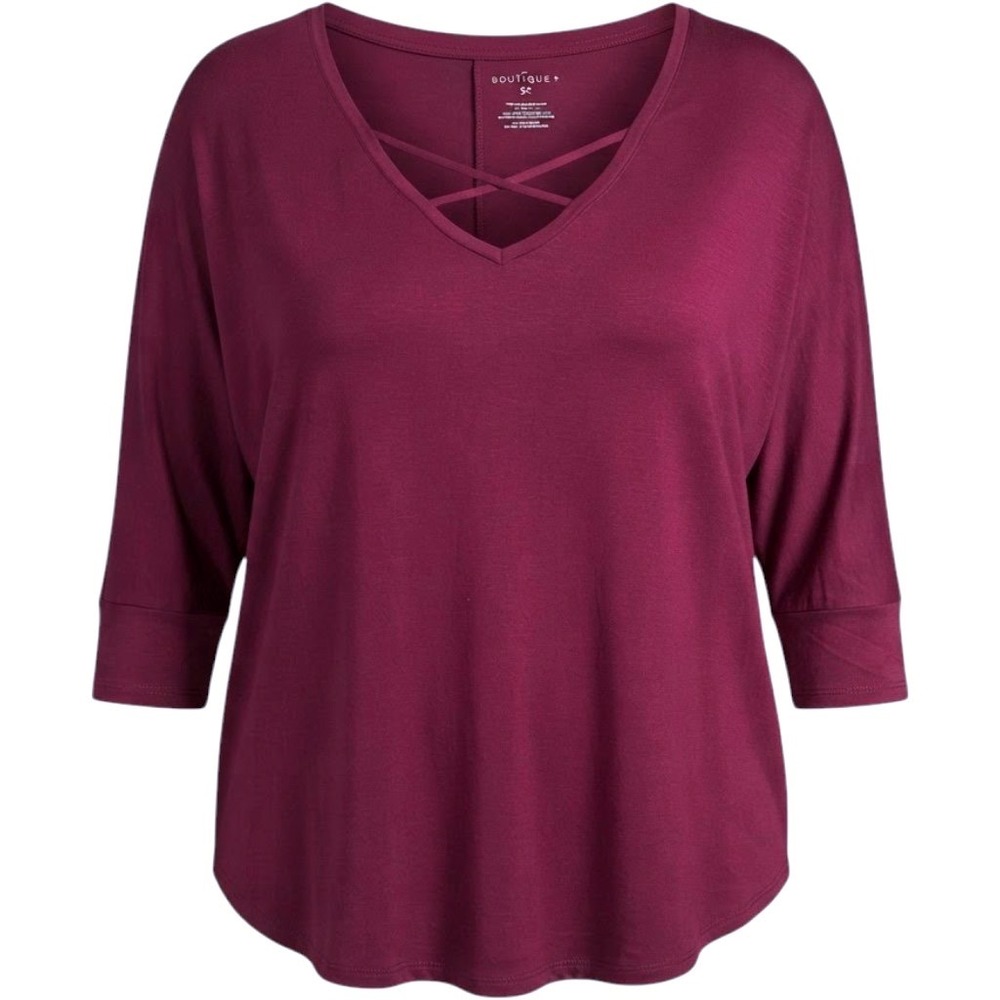 Boutique+ Womens 2X Burgundy Criss Cross V-Neck 3/4 Sleeve Knit Top Plus Size